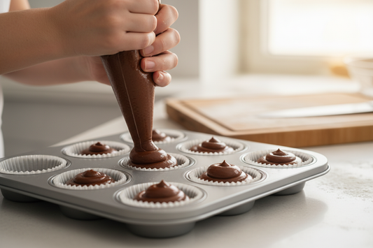 a pastry bag filled with chocolate dough and someone filling it in muffin forms on a muffin baking pan