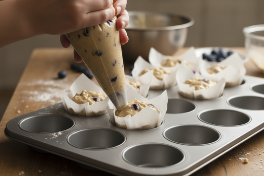 hands with a pastry bag with blueberry muffin dough inside filling the dough in muffin tulip forms on a large muffin baking pan.