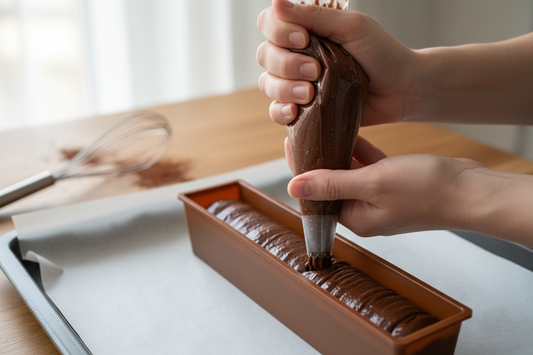 the cake inside the pastry bag should be also brown. and the cake form long but less wide